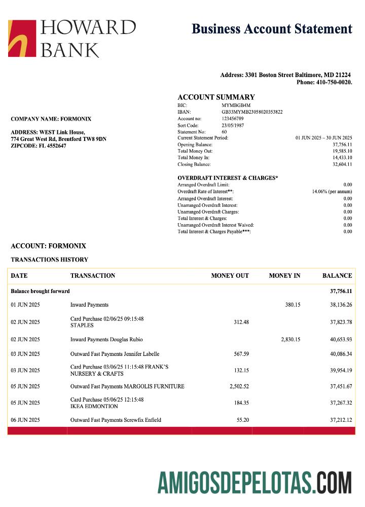 Em branco EUA Howard Corporate Statement Modelo Word e PDF